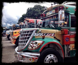 Chicken buses in Antigua, Guatemala (taken in August 2012 by myself)