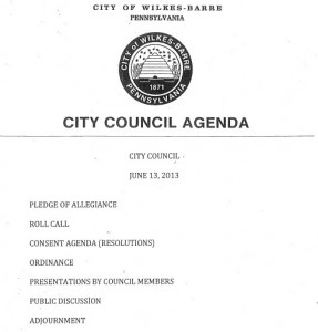 "City Council Agenda" Note that prayer is not included on the agenda, yet it comes directly after the Pledge - all during, not before, the meeting.
