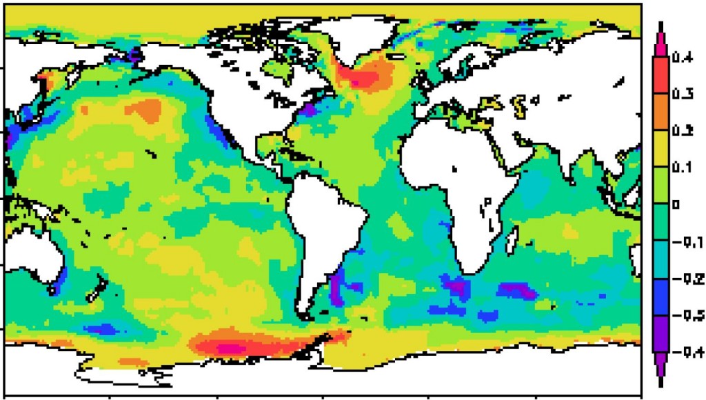 Sea surface temperature change (i.e. EOF2) found in the HadISST global sea surface temperature data set. Source: Dima and Lohmann 2010.