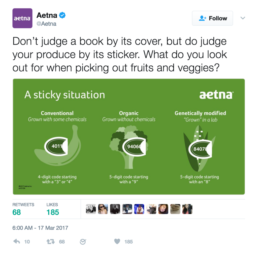Tweet from Aetna suggesting organic foods are good and GMOs are bad